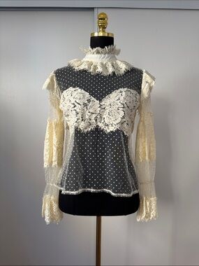 Vintage Victorian Style Lace Polka Dot Sheer Long-Sleeve Blouse